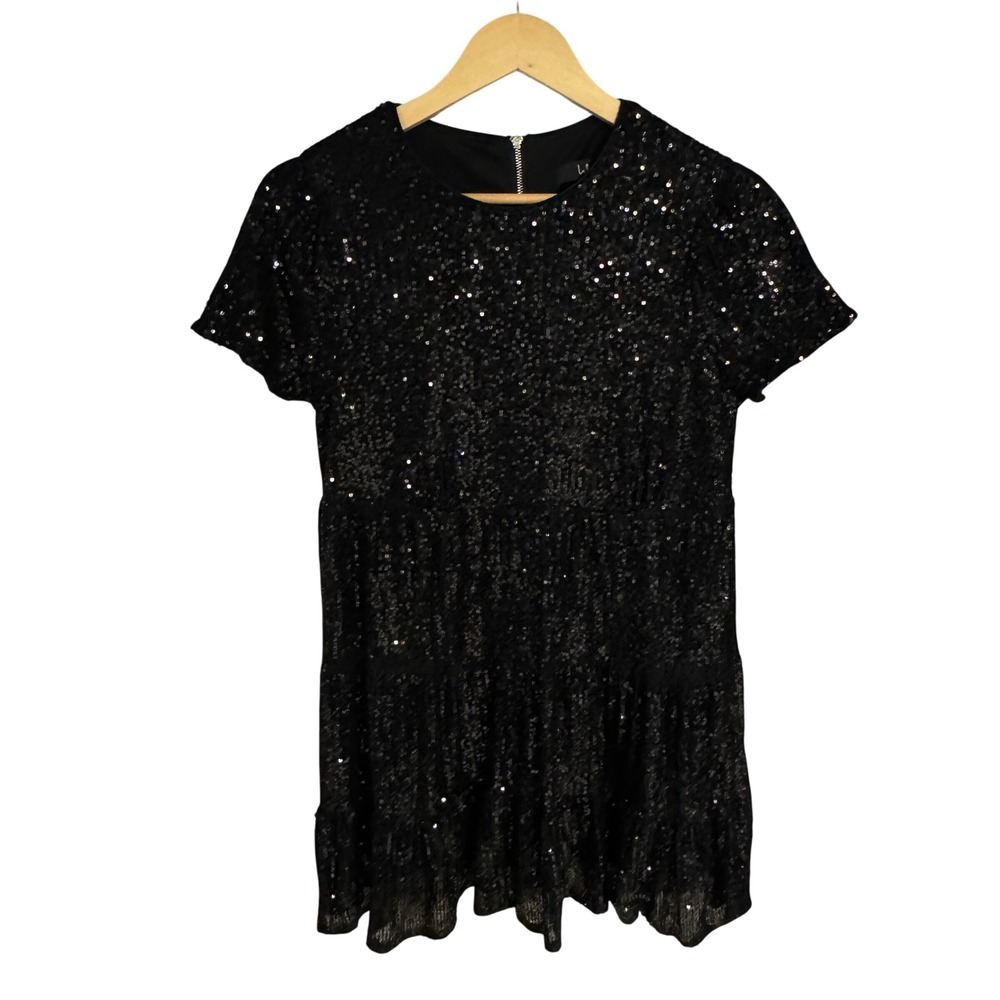 Lulus Black Sequin Tiered Mini Dress Short Sleeve Babydoll Party Cocktail Small